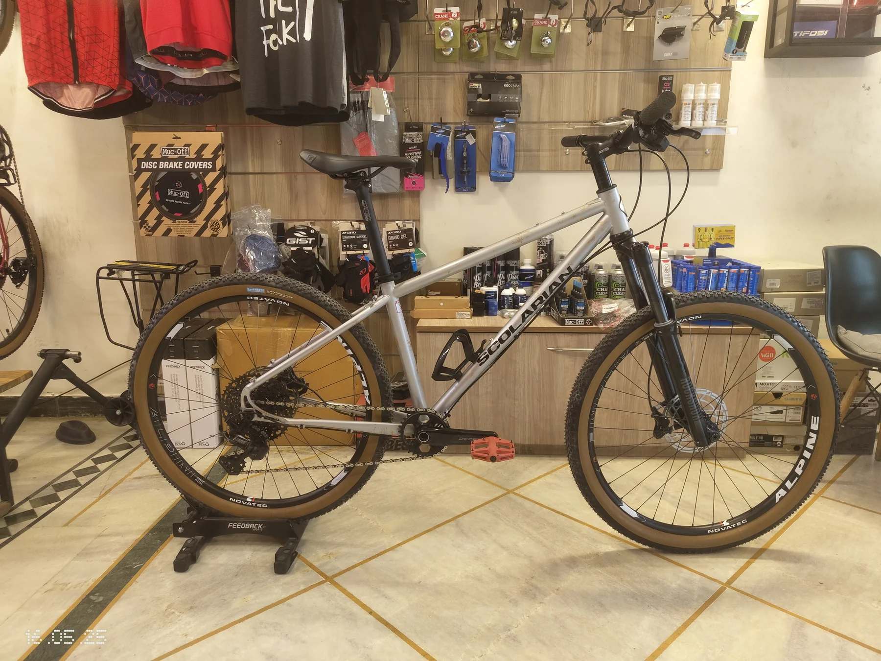 The Contrarian, my silver custom Scolarian mountain bike at Pedal In Tandem